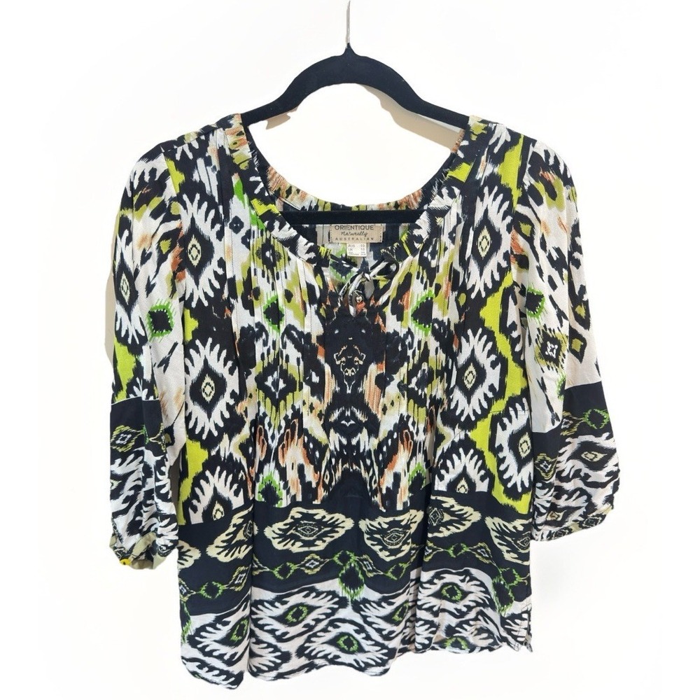 ORIENTIQUE NATURALLY AUSTRALIAN Womens Colorful Ikat Print Blouse Top XS